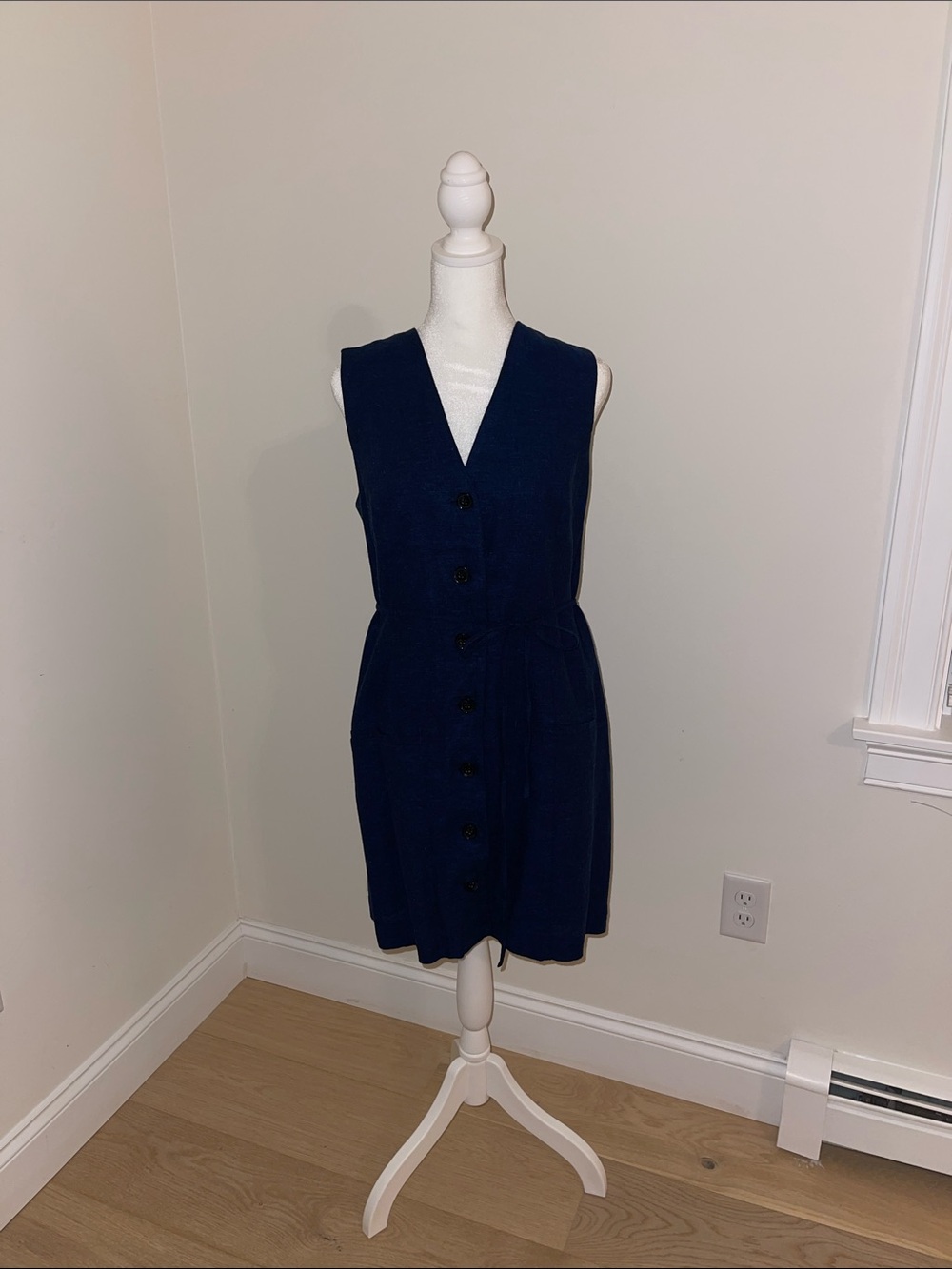 Banana Republic Navy Sleeveless Button-Front V-Neck Linen Blend Dress
